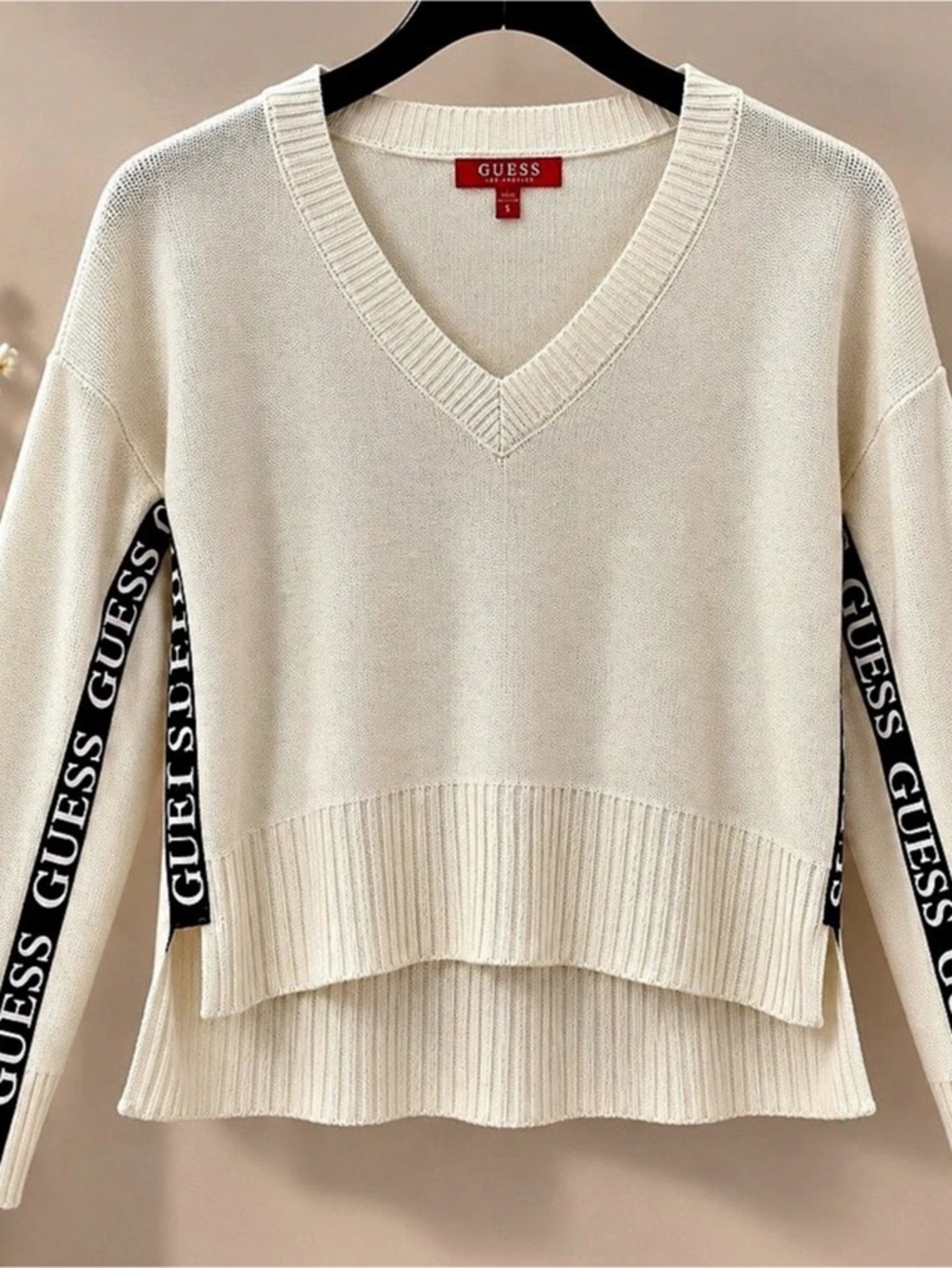 GUESS V-Neck Logo Tape Sweater in Cream Like New